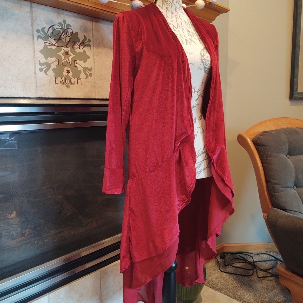 Women's Open Front Velvet Duster Cardigan - Deep Magenta - Picture 5 of 12